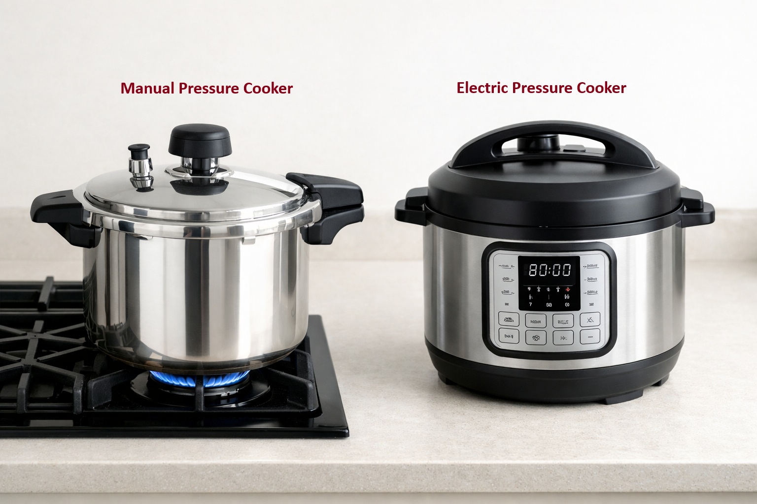 Manual stovetop pressure cooker and electric digital pressure cooker side by side on a kitchen counter
