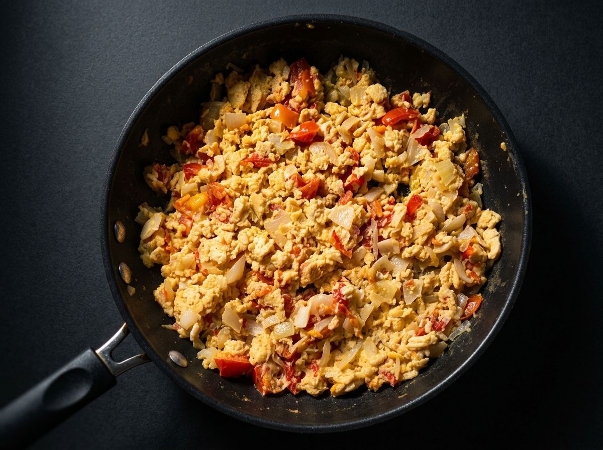 Garlic scrambled eggs with onions and tomatoes