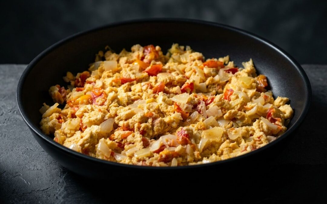 Garlic scrambled eggs with onions and tomatoes