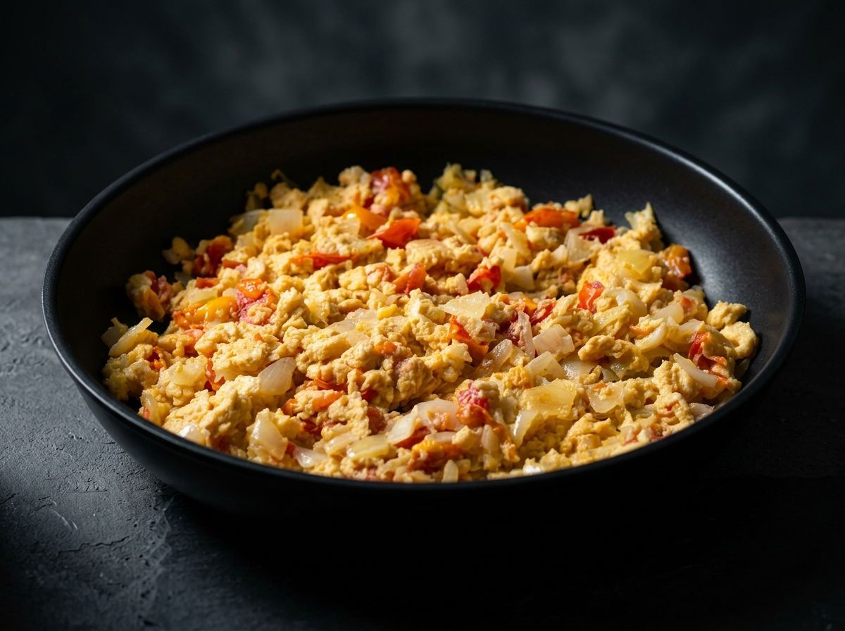 Garlic scrambled eggs with onions and tomatoes