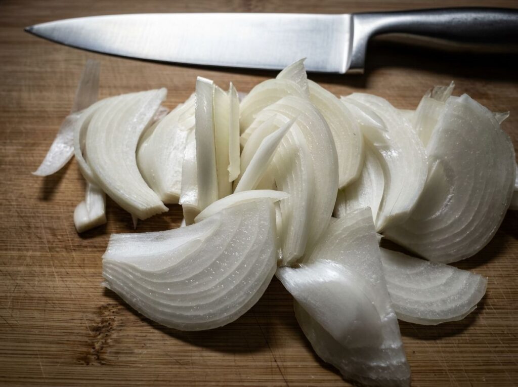 Whole raw slicedonions resting on a wooden cutting board.