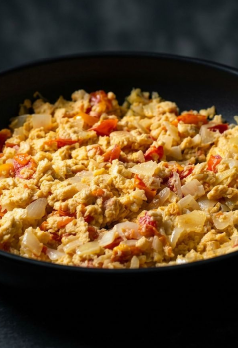 Garlic scrambled eggs with onions and tomatoes