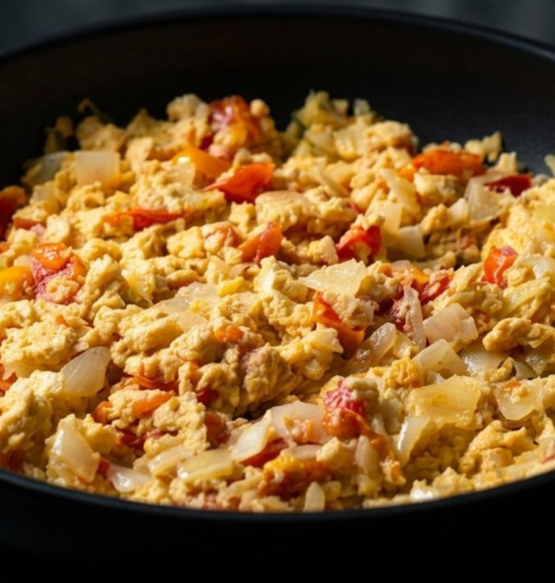 Garlic scrambled eggs with onions and tomatoes