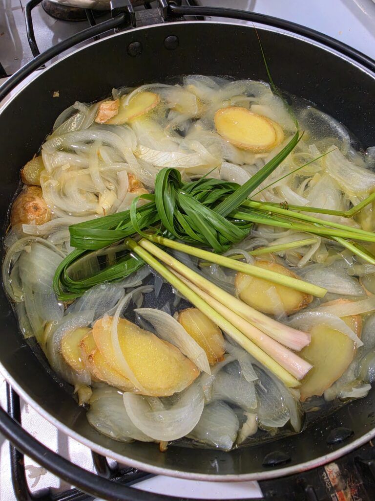 Boiled onions, ginger, lemon grass and fried garlic