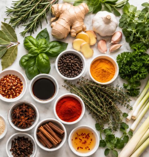 Top-view flat lay of fresh herbs, spices, and seasonings on a white marble surface, including bay leaves, ginger, garlic, rosemary, basil, lemongrass, green onions, and bowls of chili flakes, peppercorns, turmeric, paprika, star anise, cinnamon, soy sauce, and sesame seeds.
