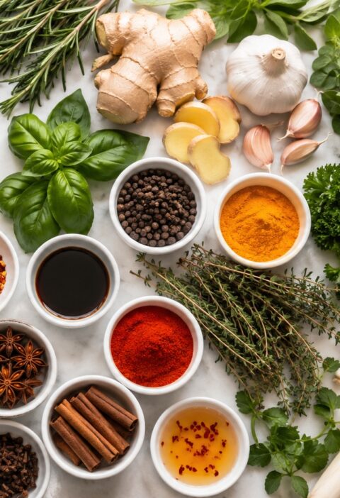 Top-view flat lay of fresh herbs, spices, and seasonings on a white marble surface, including bay leaves, ginger, garlic, rosemary, basil, lemongrass, green onions, and bowls of chili flakes, peppercorns, turmeric, paprika, star anise, cinnamon, soy sauce, and sesame seeds.