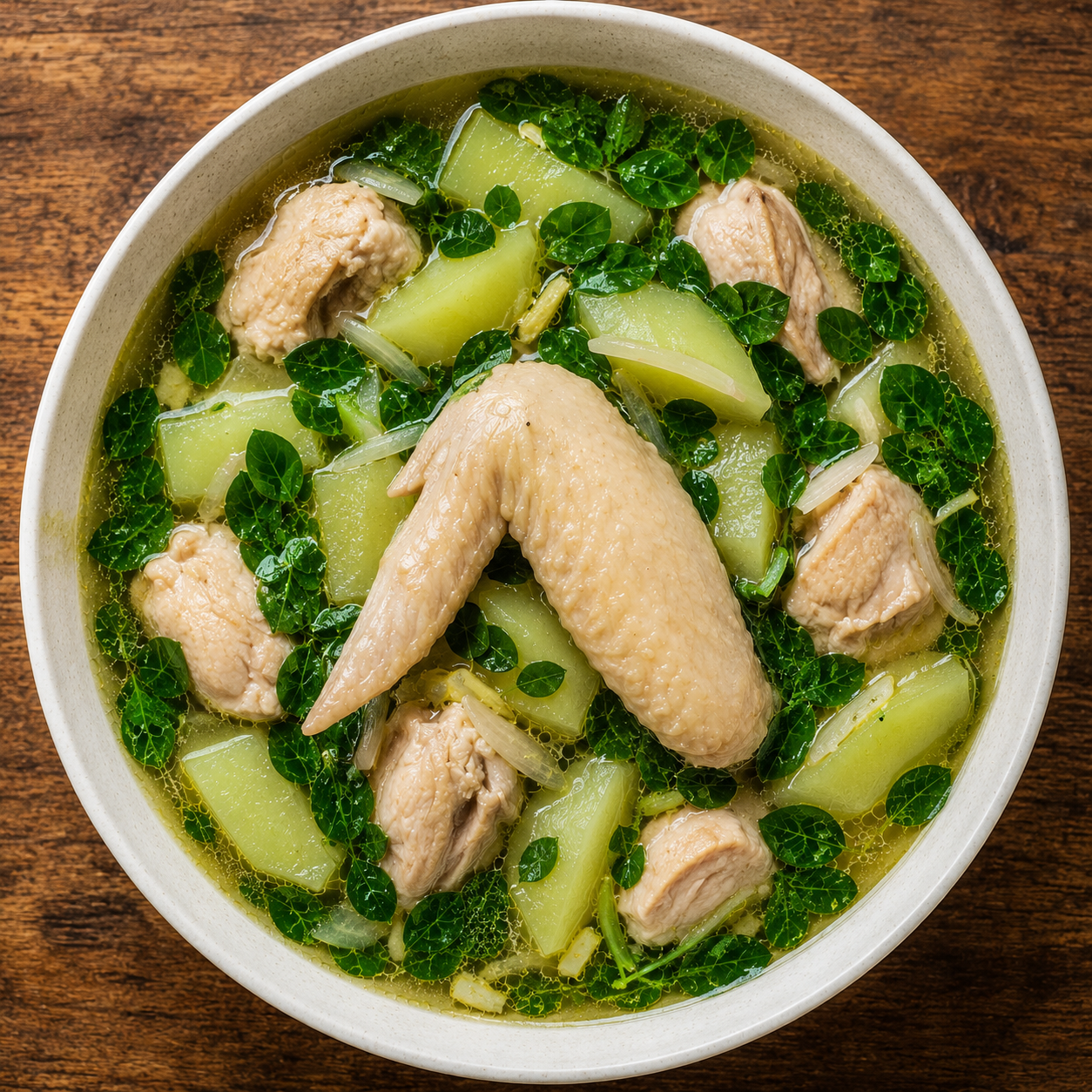 Filipino Chicken Tinola with chicken wing, sliced chicken, malunggay leaves, and green papaya in a bowl.
