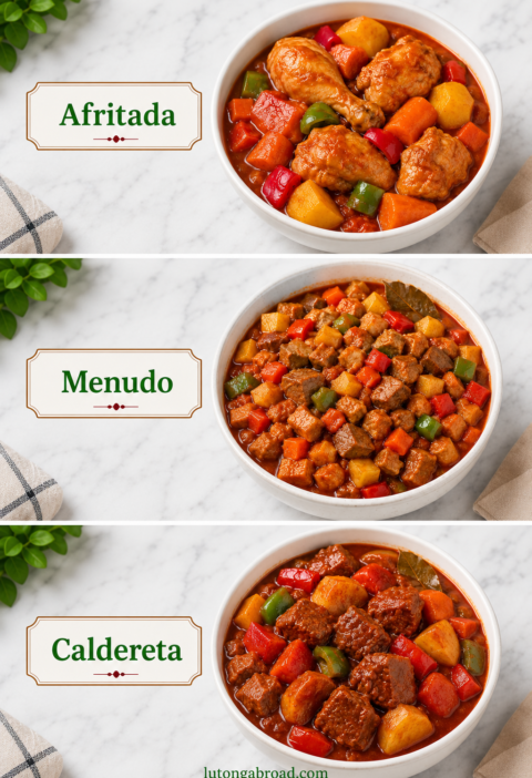 comparison of Filipino afritada, menudo, and caldereta served in white bowls with green labels.