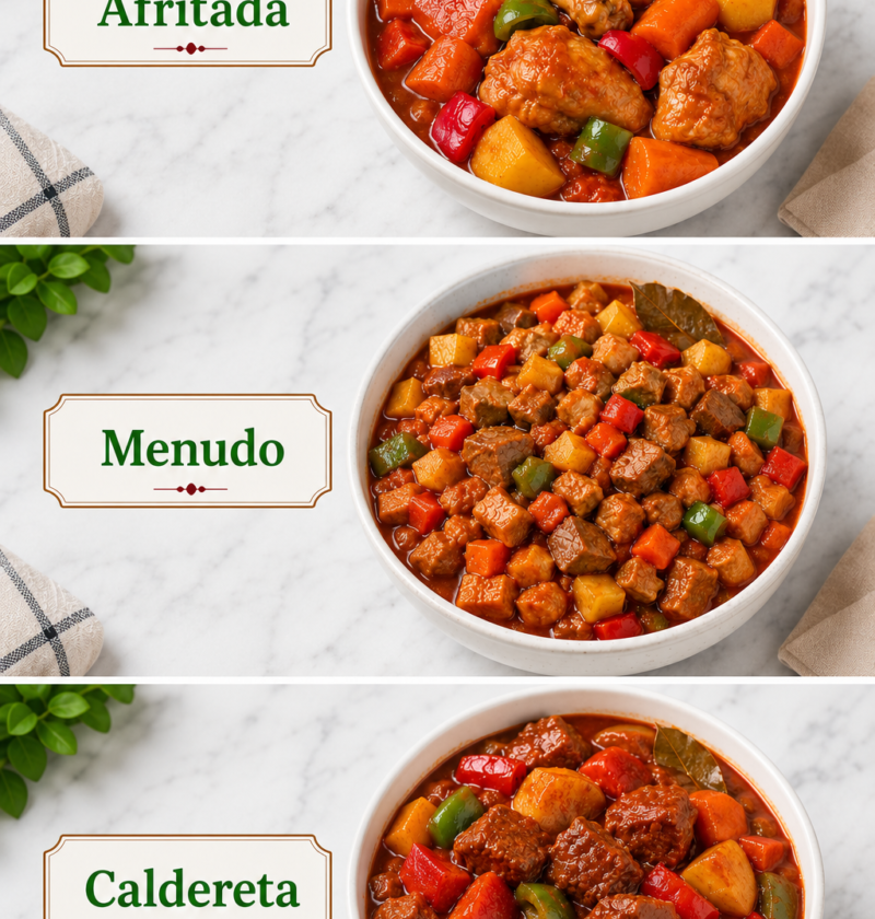 comparison of Filipino afritada, menudo, and caldereta served in white bowls with green labels.