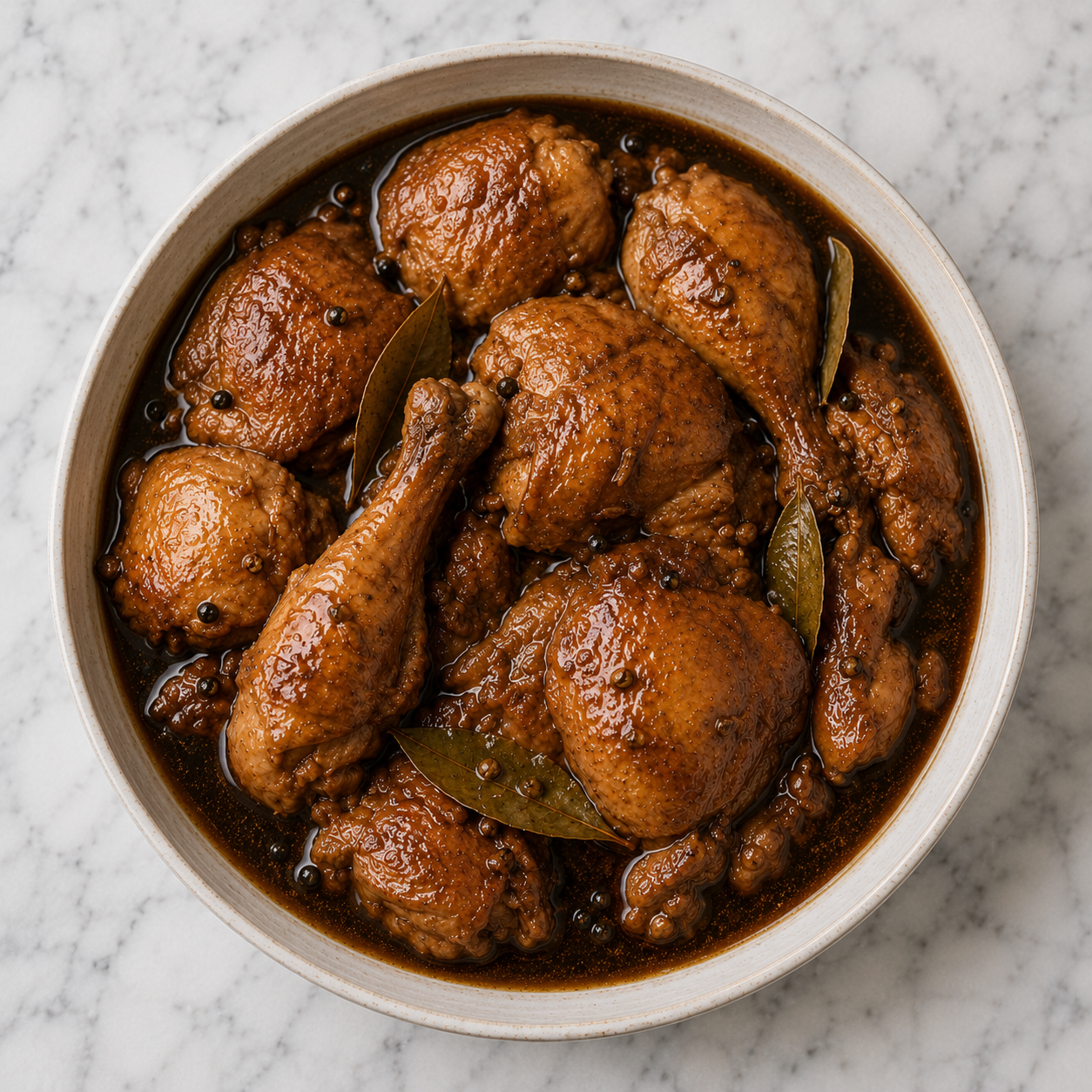 Filipino chicken adobo with drumsticks and thighs garnished with bay leaves and black peppercorns.