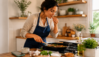 Home cook confidently sautéing vegetables in a bright kitchen for an article about overcoming fear and building confidence while cooking.