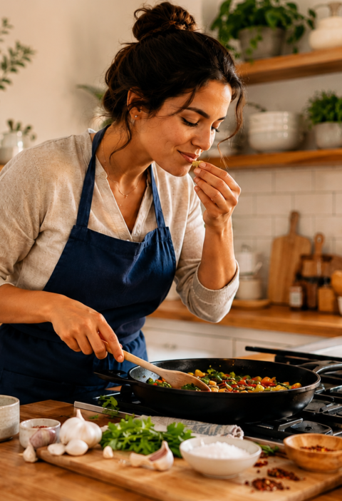 Home cook confidently sautéing vegetables in a bright kitchen for an article about overcoming fear and building confidence while cooking.