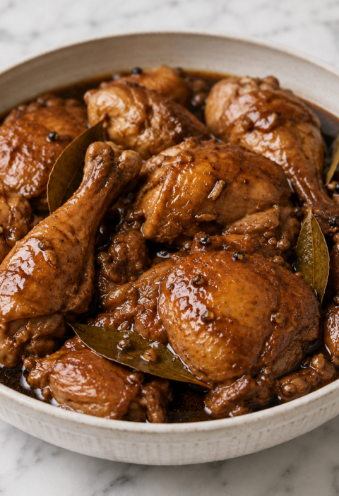 Filipino chicken adobo with drumsticks and thighs garnished with bay leaves and black peppercorns.