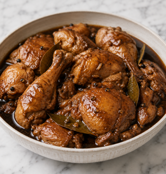 Filipino chicken adobo with drumsticks and thighs garnished with bay leaves and black peppercorns.