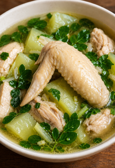 Filipino Chicken Tinola with chicken wing, sliced chicken, malunggay leaves, and green papaya in a bowl.