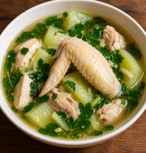 Filipino Chicken Tinola with chicken wing, sliced chicken, malunggay leaves, and green papaya in a bowl.