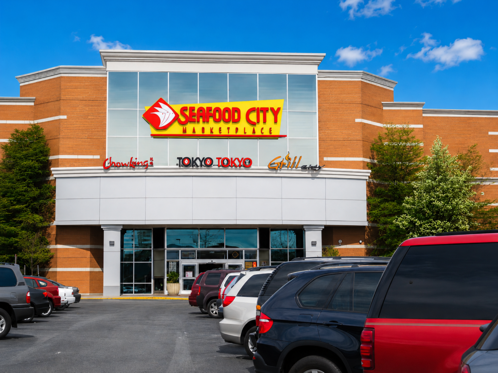 Front view of the Seafood City Marketplace storefront in a brick shopping center, with signs for Chowking, Tokyo Tokyo, and Grill City above the entrance and cars parked in front.